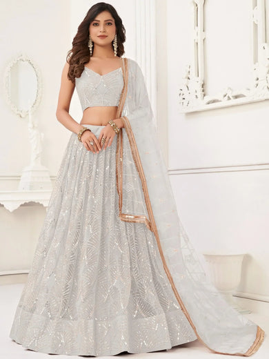 Gorgeous Off-White Sequins Net Wedding Lehenga Choli With Dupatta